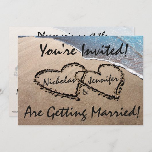 二つのハートの砂浜ウェディング招待状 招待状 (正面/裏面)