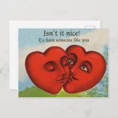 二つのハートキスをする、ヴィンテージバレンタインデー ポストカード (正面/裏面)