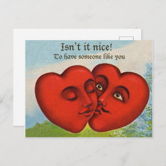 二つのハートキスをする、ヴィンテージバレンタインデー ポストカード (正面/裏面)