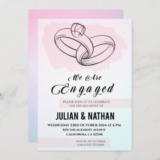 二つのハート、二つのリングや輪は永遠の約束を果たす 招待状 (正面/裏面)