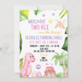 二つのレックス女の子の恐竜2番目の誕生日の招待 招待状 (正面)