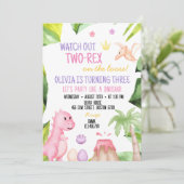 二つのレックス女の子の恐竜2番目の誕生日の招待 招待状 (スタンド正面)