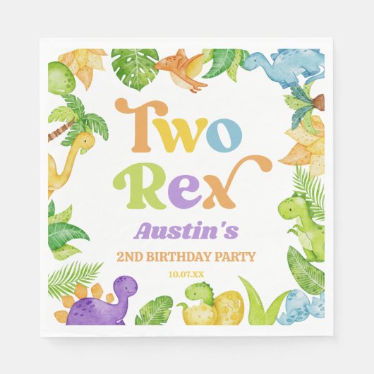 二つのレックス恐竜の二番目の誕生日パーティー スタンダードランチョンナプキン (正面)