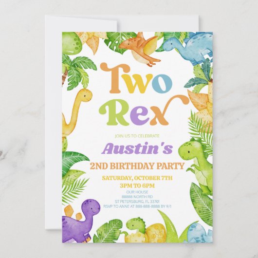 二つのレックス恐竜の二番目の誕生日パーティー 招待状 (正面)