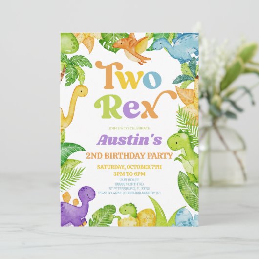 二つのレックス恐竜の二番目の誕生日パーティー 招待状 (スタンド正面)