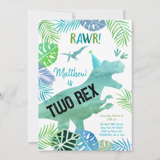二つのレックス恐竜の緑の誕生日 招待状 (正面)