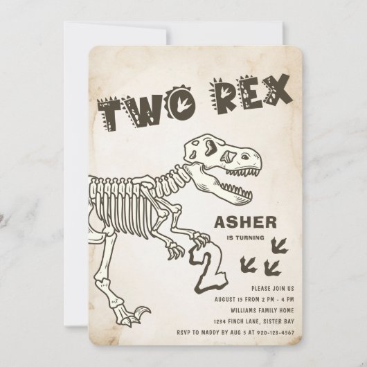 二つのレックス恐竜の誕生日パーティー 招待状 (正面)