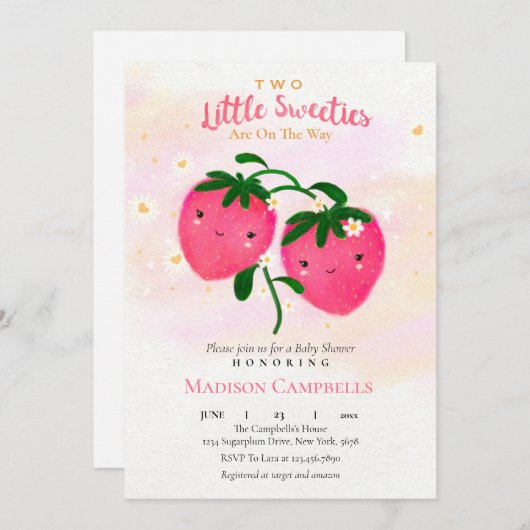 二つの小さなかわいこちゃんが途中にある 招待状 (正面/裏面)