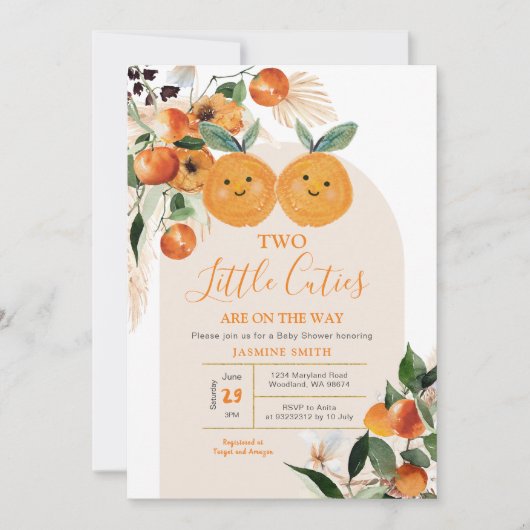 二つの小さなかわいこちゃんは途中の柑橘類オレンジ 招待状 (正面)