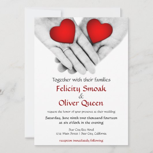 "二つの心は一つ" バレンタインデー結婚式招待状 招待状 (正面)