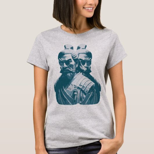 二つの日本武士像デザイン Tシャツ (正面)