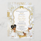 二つの男の赤ちゃん&ガールバプテスマ《キリスト教》洗礼式や命名式金ゴールド 招待状 (正面/裏面)