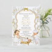 二つの男の赤ちゃん&ガールバプテスマ《キリスト教》洗礼式や命名式金ゴールド 招待状 (スタンド正面)