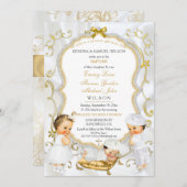 二つの男の赤ちゃん&ガールバプテスマ《キリスト教》洗礼式や命名式金ゴールド 招待状 (正面/裏面)