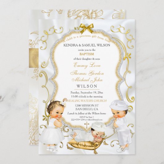 二つの男の赤ちゃん&ガールバプテスマ《キリスト教》洗礼式や命名式金ゴールド 招待状 (正面/裏面)