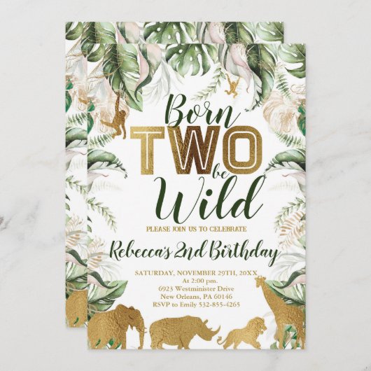二つ生まれは野生の誕生日、ジャングルの動物 招待状 (正面/裏面)