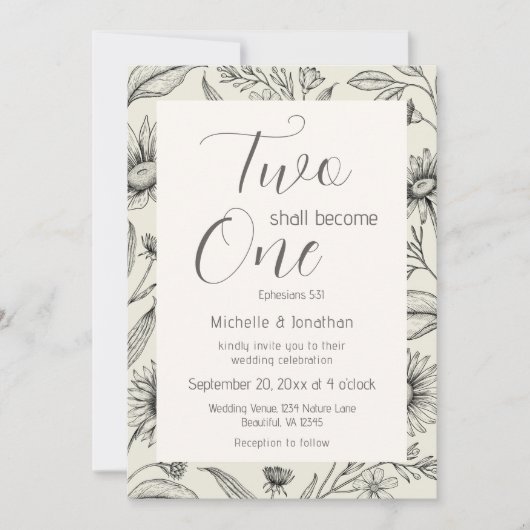 二は一のヴィンテージフローラシンプルとなる結婚 招待状 (正面)