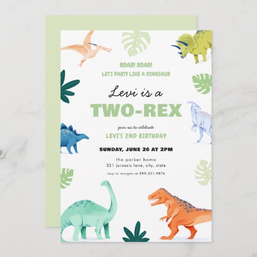 二カラフルレックス恐竜2回目の誕生日招待状 招待状 (正面/裏面)