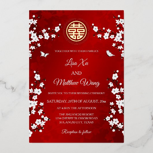 二カ中国の国語 |白いさくらんぼ 箔招待状 (正面)