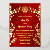 二カ中国の国語 |赤さくらんぼ結婚の花 箔招待状 (正面)