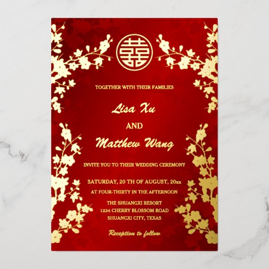 二カ中国の国語 |赤さくらんぼ結婚の花 箔招待状 (正面)