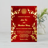 二カ中国の国語 |赤さくらんぼ結婚の花 箔招待状 (立ち正面)