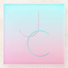 二モダン重なるイニシャル |ターコイズピンク ガラスコースター