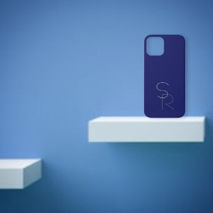 二モダン重なるイニシャル  ネイビーブルーのグレー iPhone 12ケース