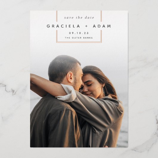 二乗遠くに |縦モダンの写真の日付を保存 箔招待状 (正面)