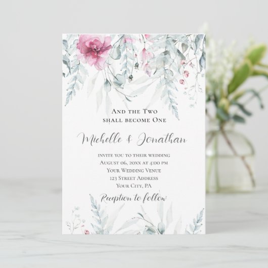 二人が一つのピンクのフローラバイブル結婚クリスチャン 招待状 (スタンド正面)