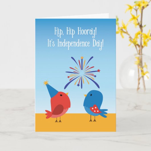 二人とも花火を見るかわいい鳥たち カード (黄色い花)