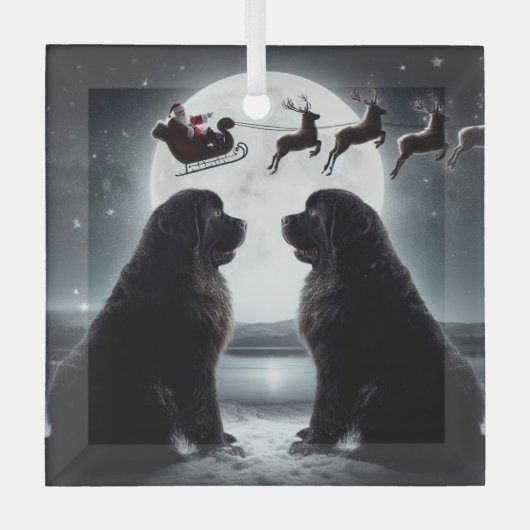 二人のニューフとサンタが途中で ガラスオーナメント (正面)