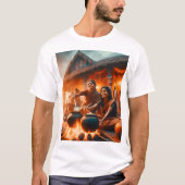 二人の女が前のまわりににポットを置いて火を起こす Tシャツ (正面)