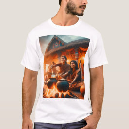 二人の女が前のまわりににポットを置いて火を起こす Tシャツ