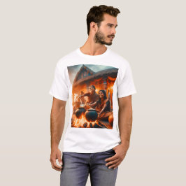 二人の女が前のまわりににポットを置いて火を起こす Tシャツ
