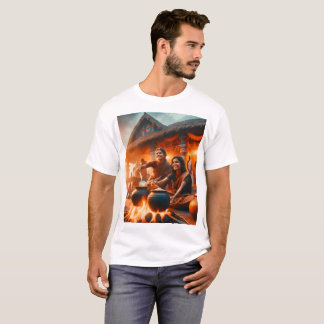 二人の女が前のまわりににポットを置いて火を起こす Tシャツ