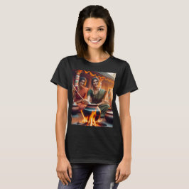 二人の女が火のまわりにをポットと鍋で囲む Tシャツ