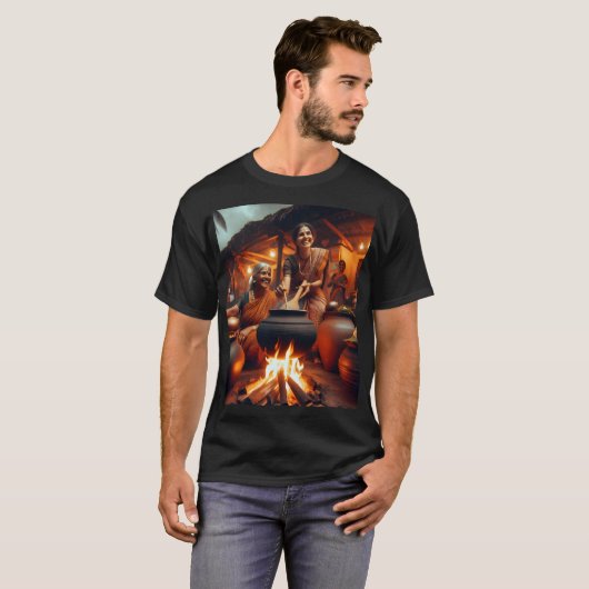 二人の女のまわりにが火にポットを入れて座る Tシャツ (正面フル)