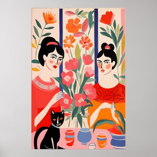 二人の女性が紅茶を飲むカラフルな絵 ポスター (正面)