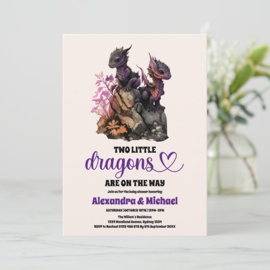 二人の小さなドラゴン双子の赤ちゃんシャワー 招待状 (スタンド正面)