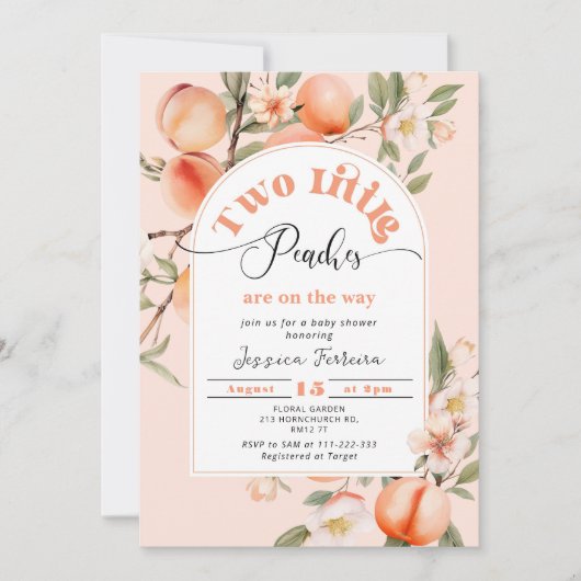 二人の小さな桃が双子のシャワーの途中にある 招待状 (正面)