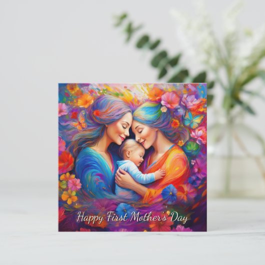 二人の母とベビーの最初の母の日 カード (スタンド正面)