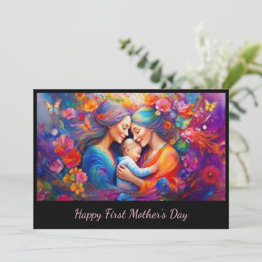 二人の母とベビーの最初の母の日 カード (スタンド正面)