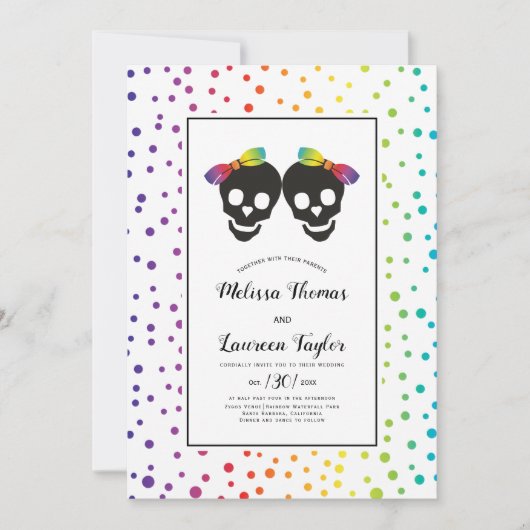 二人の花嫁が虹色のボウでレズビアン結婚式 招待状 (正面)