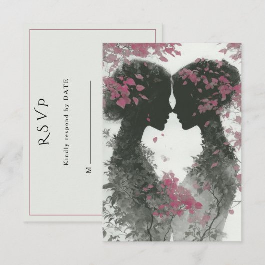 二人の花嫁の手描き鉛筆イラスト 出欠カード (正面/裏面)