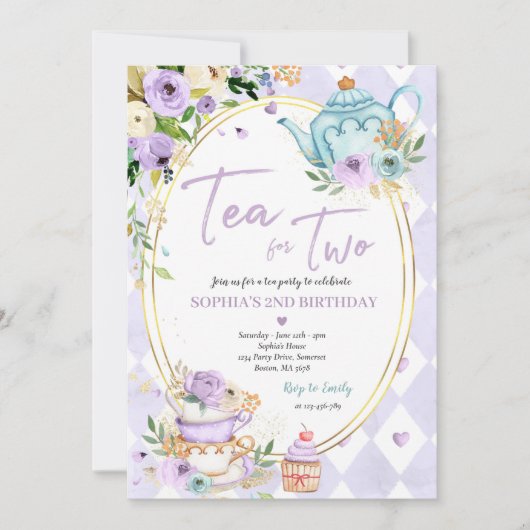 二人の薄紫と金ゴールドのフローラ誕生会用のお茶 招待状 (正面)