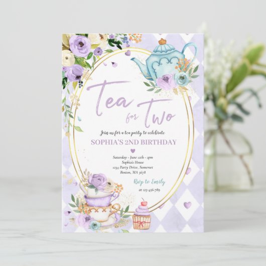 二人の薄紫と金ゴールドのフローラ誕生会用のお茶 招待状 (スタンド正面)