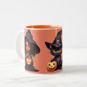 二人の魔女と黒猫がハロウィーンを叫ぶ ツートーンマグカップ (正面左)