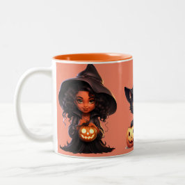 二人の魔女と黒猫がハロウィーンを叫ぶ ツートーンマグカップ
