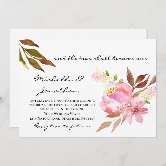 二人は一つのピンクのフローラ結婚の 招待状 (正面/裏面)